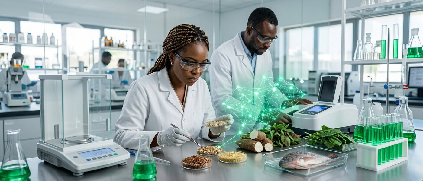 African food scientists analyzing traditional food samples in a laboratory while a digital data network converts food research into nutritional intelligence