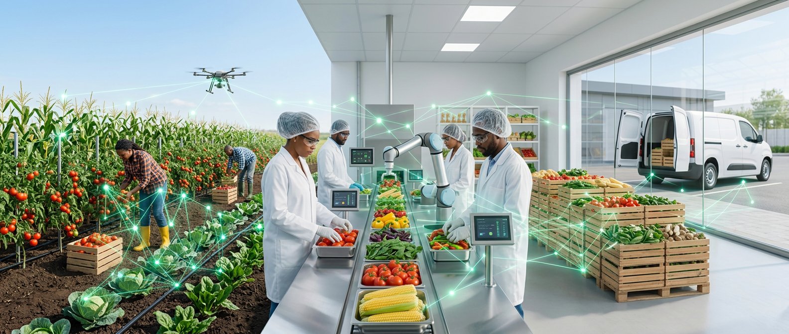 A future-ready African healthy food value chain — open farm fields with farmers harvesting rows of tomatoes, maize and greens under a monitoring drone, stainless-steel sorting and packing line with a robotic arm, crates of fresh produce and an electric delivery van, linked by a glowing green data network from field to market