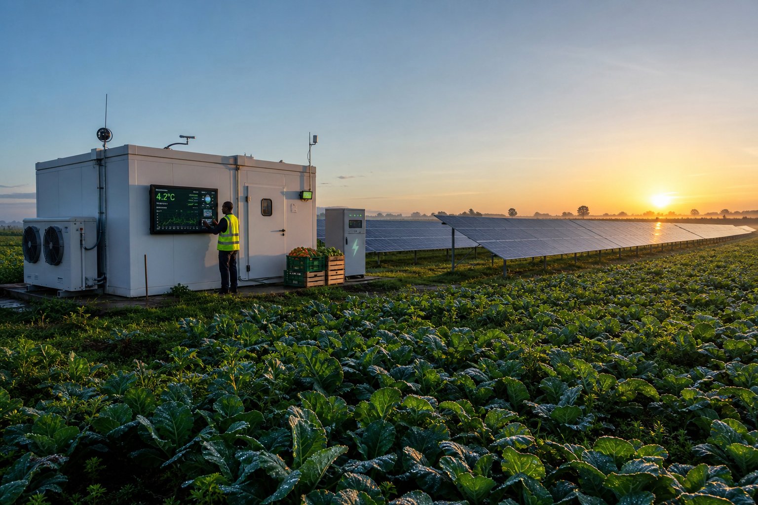 Photorealistic view at dawn of a high-technology solar-powered cooling center in a large vegetable field with dew still glistening on the crops: digital green temperature dashboard, sensor antennas, battery and backup cabinet, and a solar panel farm stretching to the horizon beside the rising sun.