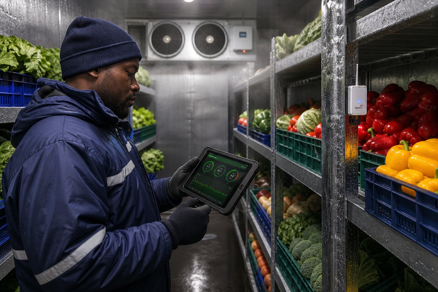 Photorealistic view inside a controlled cold room: a technician reads a green temperature-monitoring dashboard on a rugged tablet beside crates of fresh vegetables and a wireless temperature sensor.