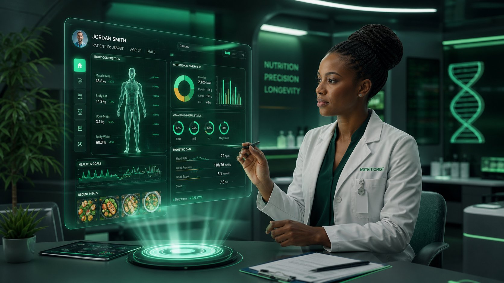 Futuristic clinical nutrition — nutritionist reviewing a holographic patient dashboard