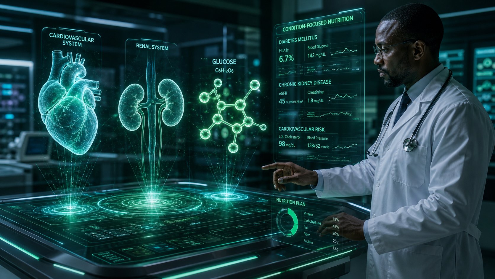 Futuristic condition-focused nutrition — holographic heart, kidneys and glucose analysis