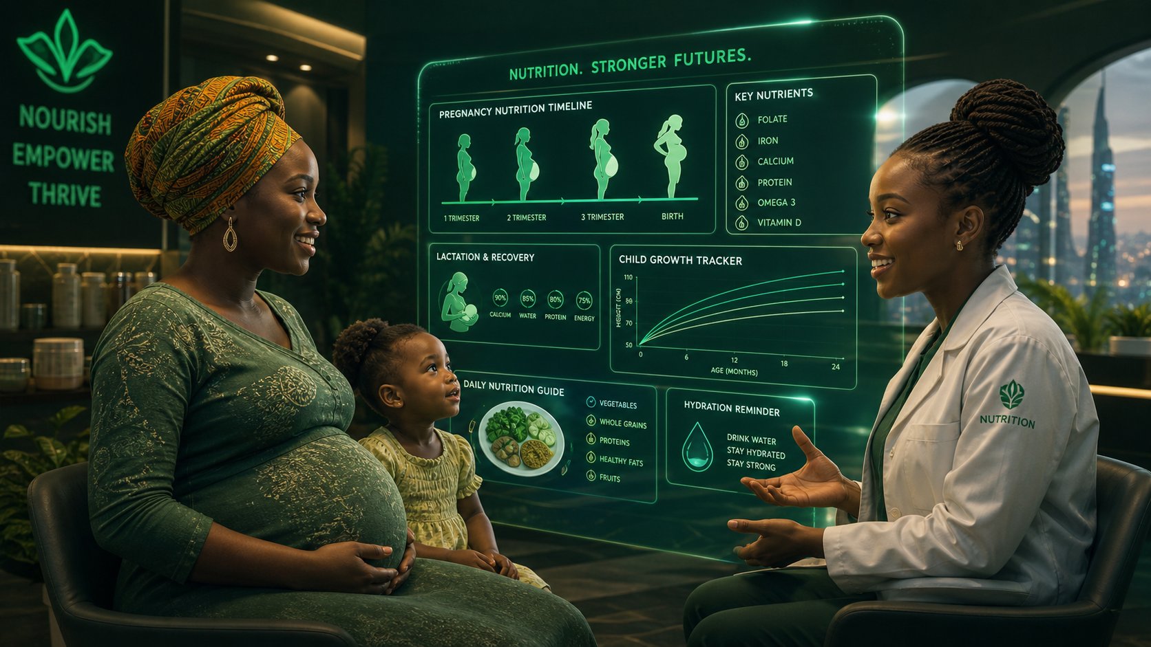 Futuristic maternal and child nutrition consultation with holographic growth tracking