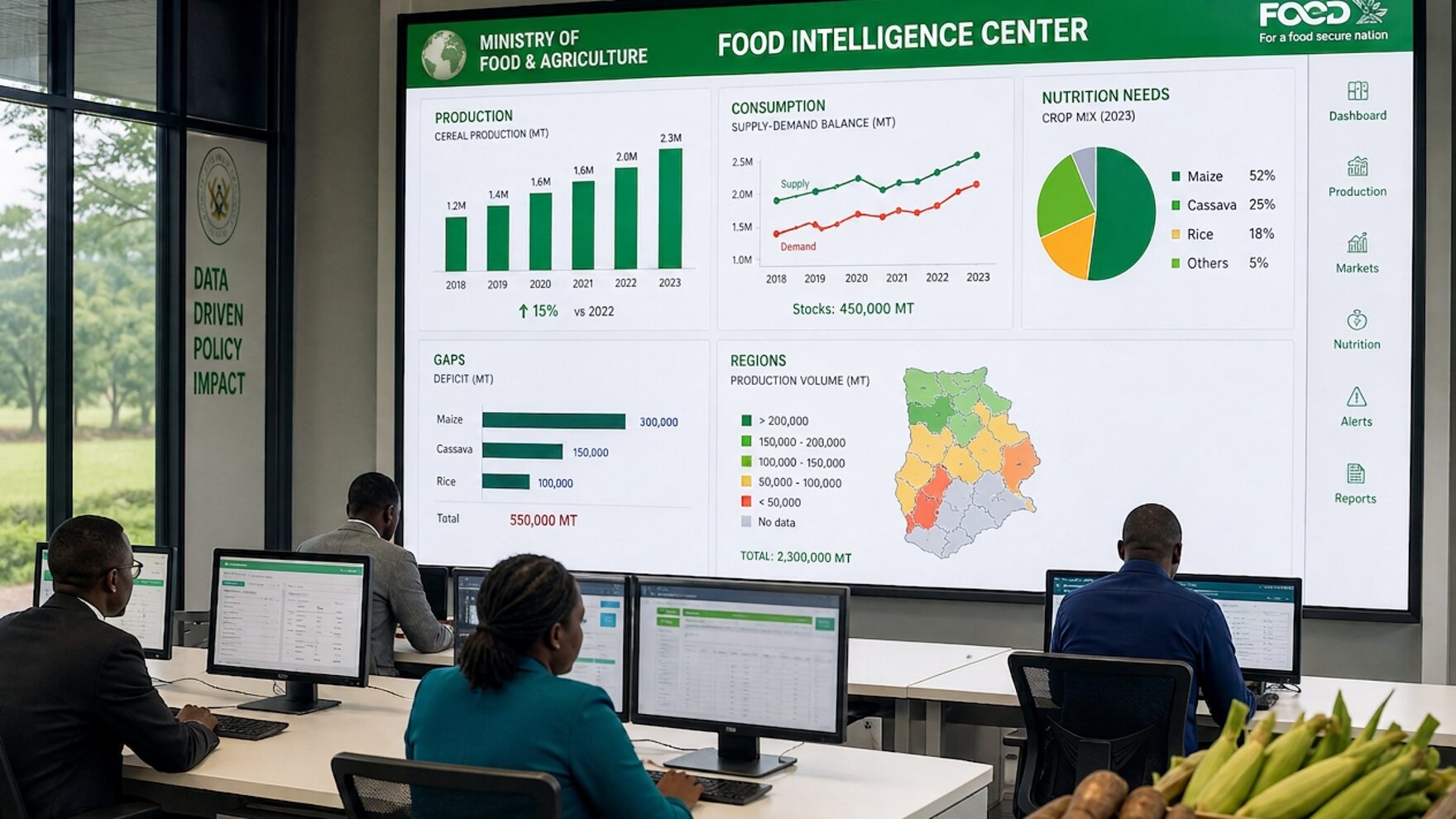 Photorealistic view of a government food intelligence center where analysts monitor a large green dashboard of production, consumption, nutrition needs, gaps and regional analysis, with fresh maize, cassava and tomatoes in crates.