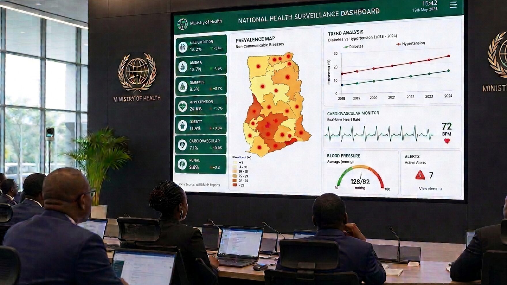 Photorealistic view of a Ministry of Health national command center where analysts watch a large green surveillance dashboard with malnutrition, anemia, diabetes, hypertension, obesity, cardiovascular and renal indicators and a regional prevalence map.