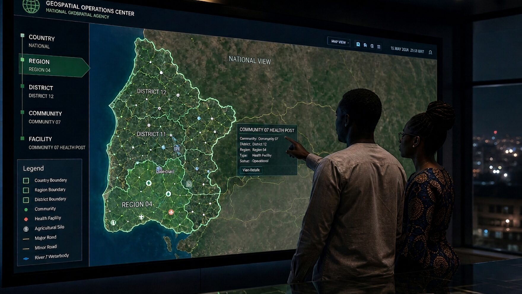 Photorealistic view of two analysts at a large touchscreen satellite map in a geospatial operations room, drilling down from country to region, district, community and facility or production area.