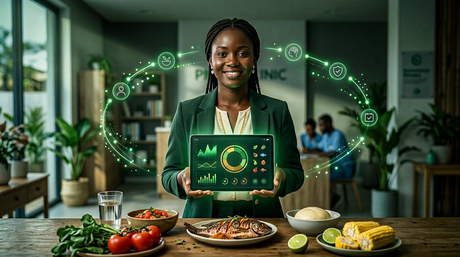 Photorealistic view of an African nutrition professional in a bright clinic holding a tablet with a green nutrition-AI dashboard, a glowing loop of data points arching above local dishes: grilled fish, fufu, tomatoes and maize