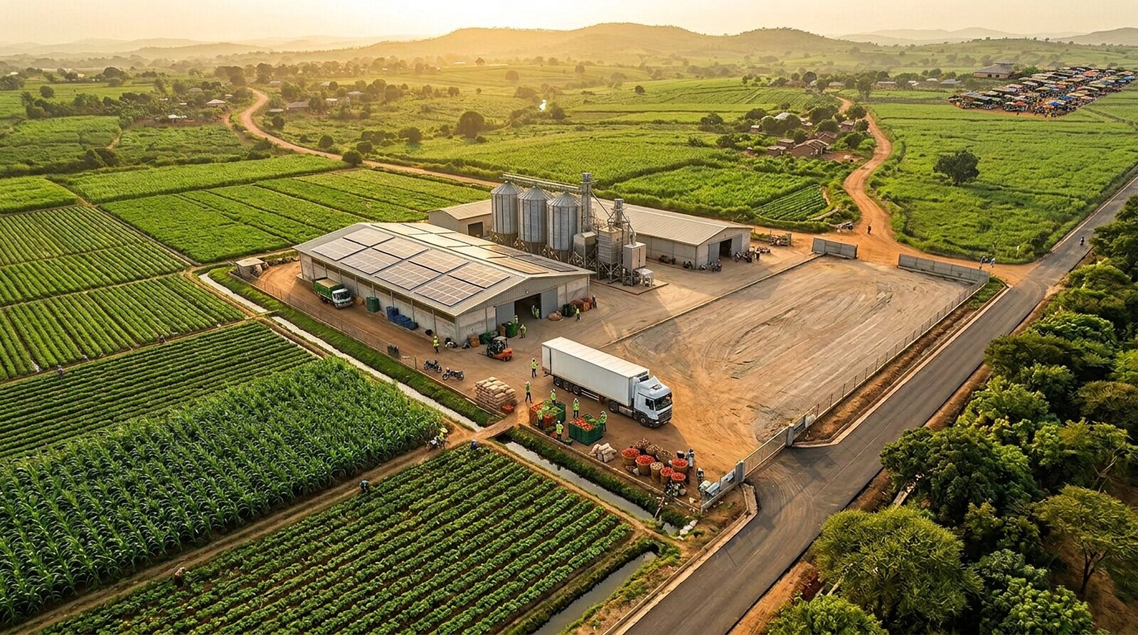 Photorealistic aerial view at golden hour of a West African agro-processing hub: irrigated green fields, a solar-roofed processing plant with silos and trucks loading crates, and far away on the horizon a separate village zone with its open-air market