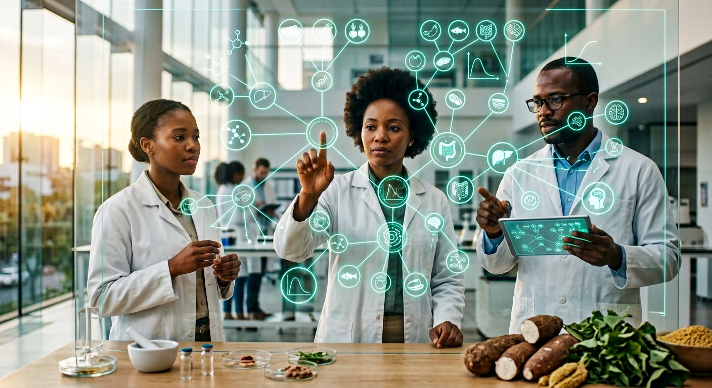 Photorealistic view of African nutrition scientists in a bright research institute exploring a large transparent display showing a glowing evidence graph linking foods, nutrients, biomarkers and health outcomes