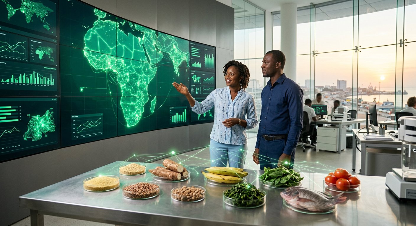 Photorealistic view of an African food-intelligence operations centre: two African data engineers in front of a giant screen wall showing a luminous green data map of Africa, with real West African foods analysed on a laboratory bench
