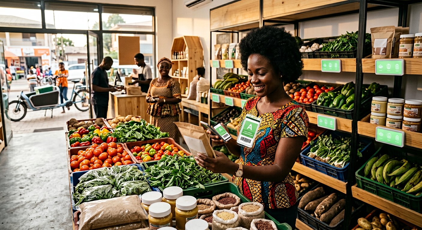 Photorealistic view of a modern healthy-food marketplace in West Africa: a shopper scanning a local food product with her phone showing a green nutrition score, fresh produce shelves and an electric delivery bike outside