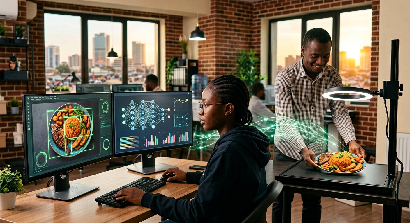 Photorealistic view of an African AI engineering team training a nutrition model: a plate of West African food recognised by computer vision on screen while a colleague photographs the real dish on a scanning rig
