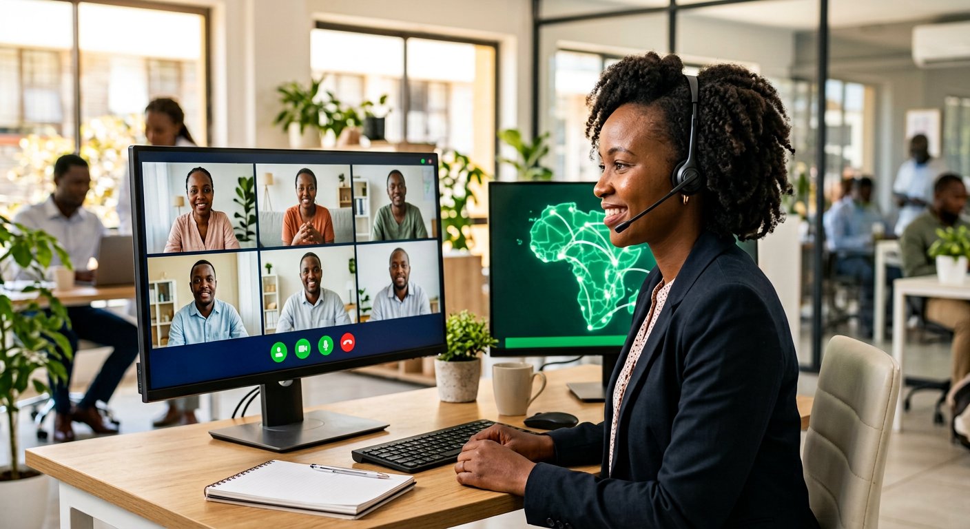 Photorealistic view of an African nutritionist running a teleconsultation from a bright clinic, with a video-call grid of patients and colleagues and a glowing green map of connected practitioners across Africa