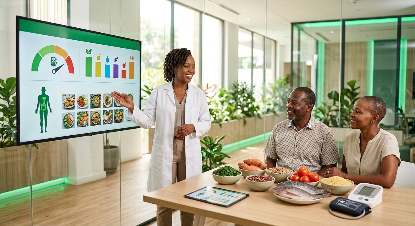 Photorealistic view of a modern African preventive-health suite: a nutritionist presenting a risk-score and nutrient-gap dashboard to a smiling couple, with fresh local ingredients on the table