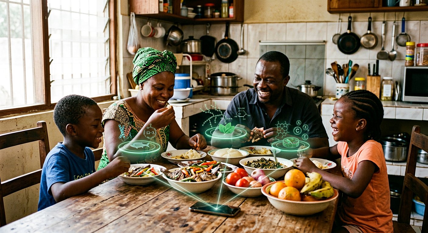Photorealistic view of a West African family sharing a colourful balanced meal at home while green holograms above each dish connect the foods to their nutrition app on a phone.