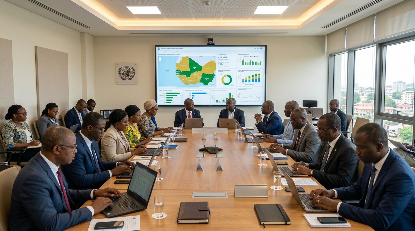 Photorealistic view of a bright government nutrition situation room with natural white light, a large dashboard screen and officials seated alongside international organisation partners, an international organisations emblem plaque on the wall.
