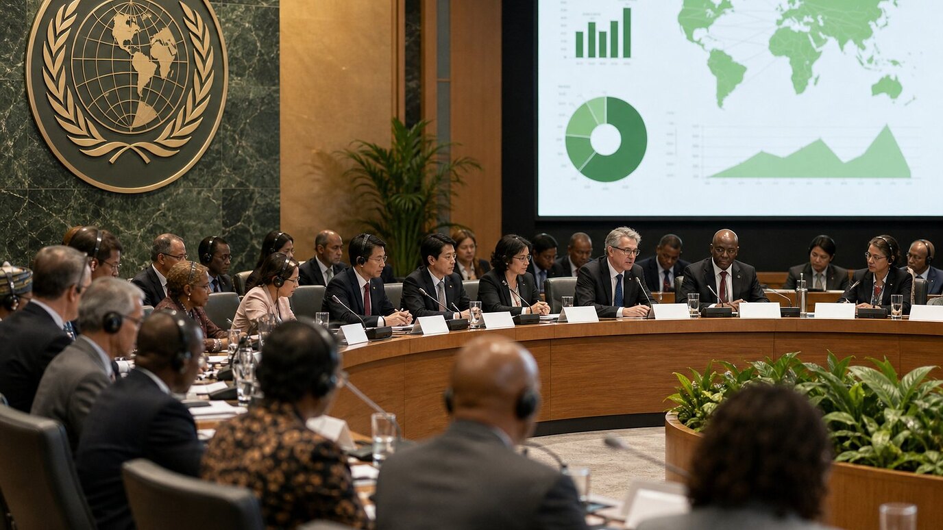 Photorealistic view of an international organisations assembly room during a nutrition partnership meeting, with delegates from every continent around a curved table, a globe and laurel emblem plaque on the wall and a bright screen of green nutrition dashboards and a world map.