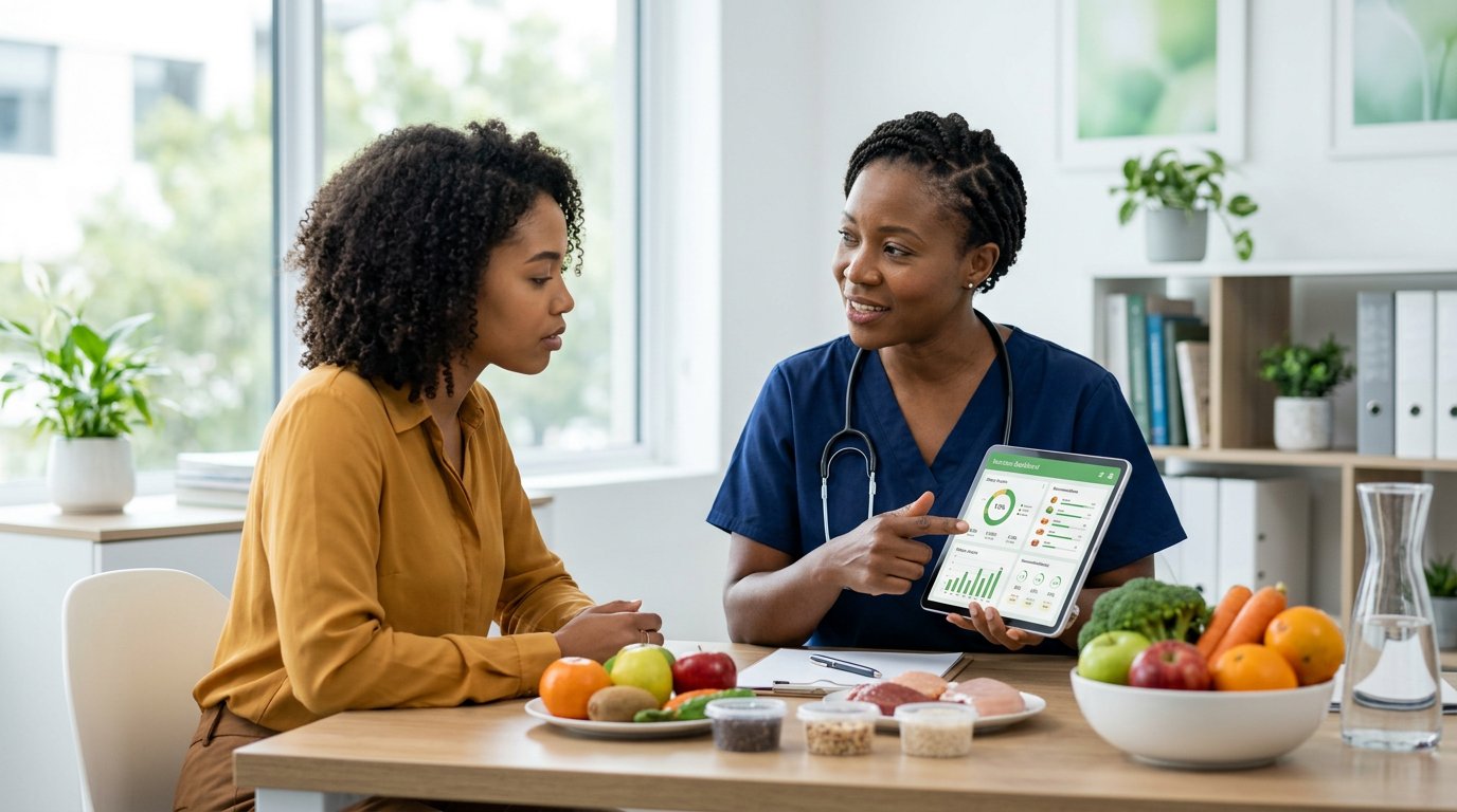 Photorealistic view of a nutritionist in a clinic reviewing a green patient nutrition dashboard on a tablet with a patient.