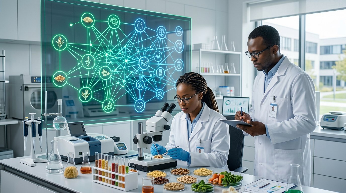 Photorealistic view of nutrition researchers in a bright laboratory studying a glowing evidence graph of foods, nutrients and health outcomes.
