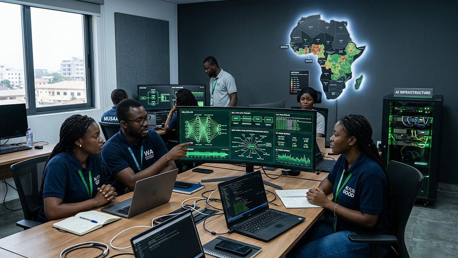 Photorealistic view of ML, data and AI engineers at a green data-science operations room with neural-network dashboards, data pipelines and a glowing Africa heatmap.