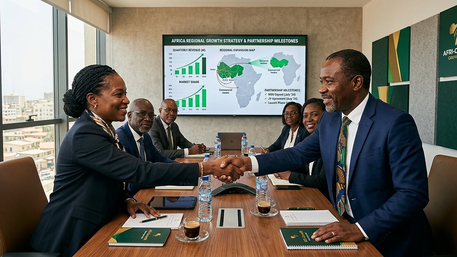 Photorealistic view of partnerships, commercialization, marketing and regional-growth executives in a meeting with a handshake, growth charts and an Africa expansion map on a large green dashboard.