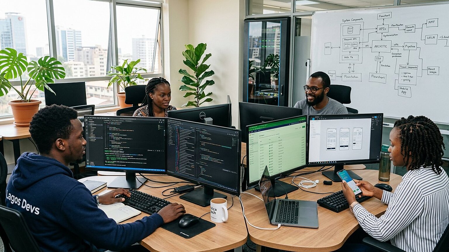 Photorealistic view of backend, frontend, mobile and DevOps developers working at multiple screens with code, a git branch graph and a green CI/CD dashboard in a bright African tech office.