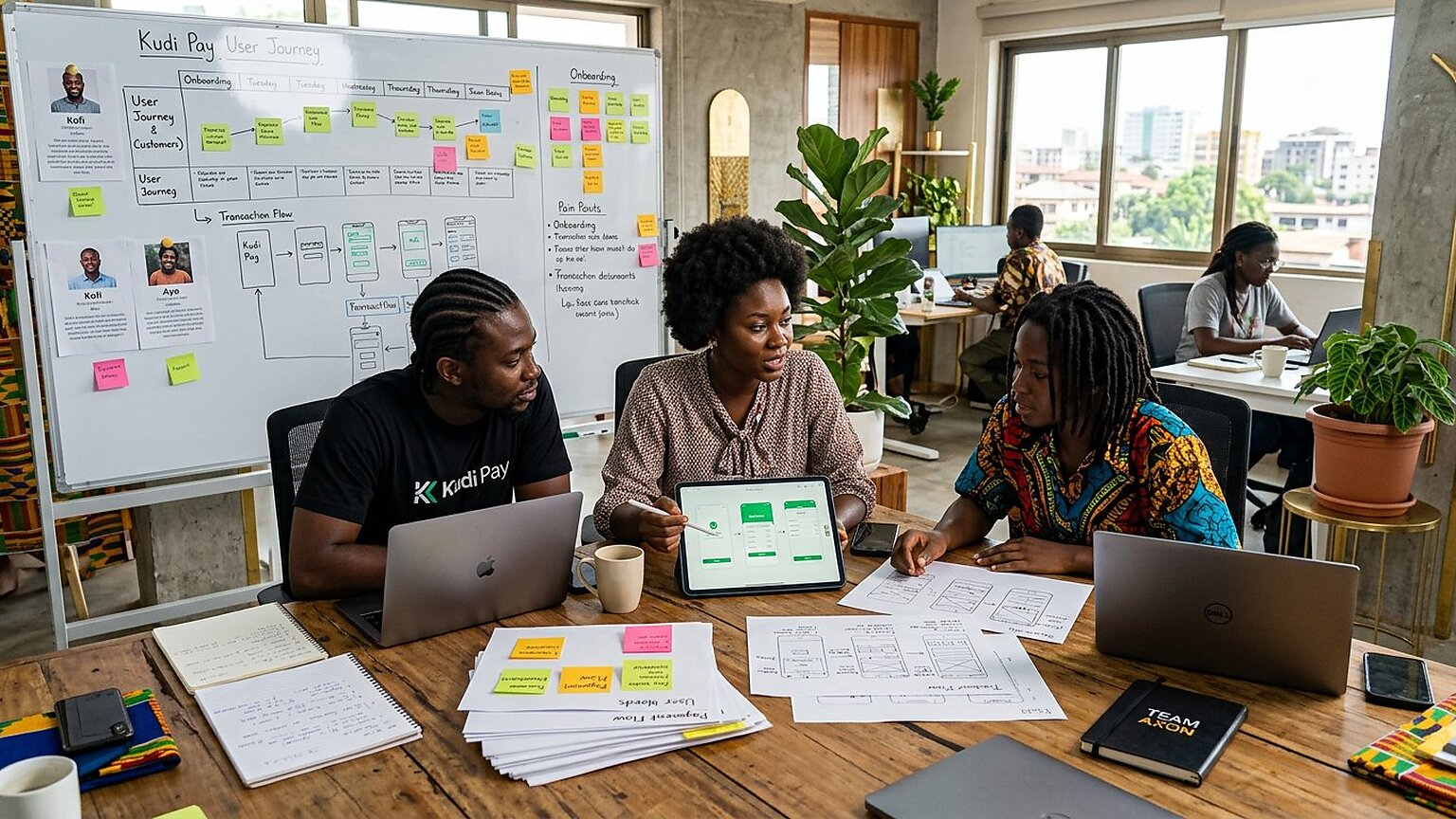 Photorealistic view of product managers, UX/UI designers and business analysts collaborating on wireframes, user-journey maps and a green mobile-app mockup in a bright creative studio.