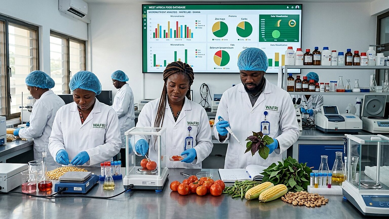 Photorealistic view of nutritionists, dietitians and food scientists in a modern West African food-science laboratory examining fresh produce before a green nutrition-composition dashboard.